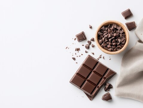 Overhead shot of a chocolate bar, chocolate chips in a wooden bowl, and a fabric napkin on a white surface. The image is brightly lit.
