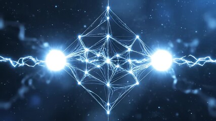 Two luminous orbs interacting within an abstract geometric network in space for high-tech data processing concept and digital innovation - Powered by Adobe