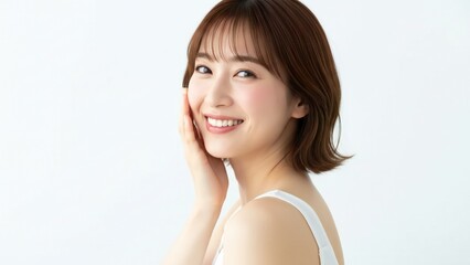 Young Asian woman with short brown hair smiles gently touching her cheek with a hand 122 characters chinese korean japanese