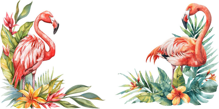 flamingo bird and tropical leaves watercolor vector illustration