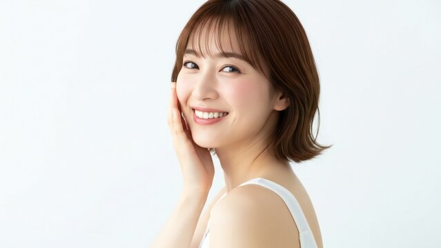 Young Asian woman with short brown hair smiles gently touching her cheek with a hand 122 characters chinese korean japanese