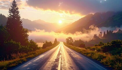 A scenic view of a road leading towards a sunset in the mountains. The image captures the golden hour with warm, inviting light.