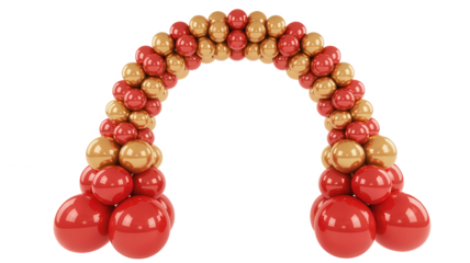 A festive archway constructed from red and gold balloons against a solid black background