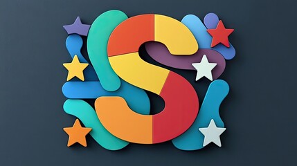 A vibrant 3D rendering of the letter S, composed of various colorful shapes and stars, set against a dark background.