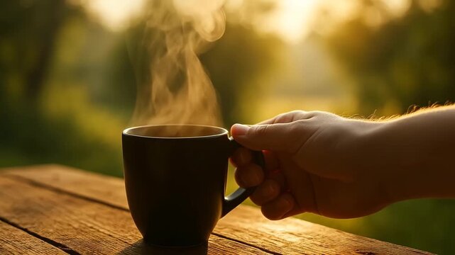 Peaceful morning moment as a hand sets down a black coffee mug on a sunlit wooden table, leaving it gently steaming against a soft golden forest background.
