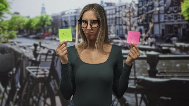 Woman holding two sticky notes with smile and frown faces on a canal street in amsterdam, wearing glasses and showing ambivalent expression; indecision.