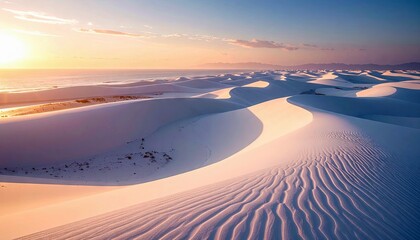 Scenic view of white sand dunes at sunset. The image captures the textures and patterns of the sand with the sun setting over the horizon.