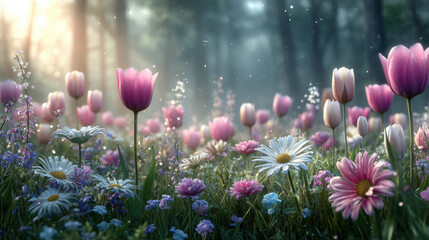 Spring tulip daisy meadow morning light gentle bokeh pollen dew petal