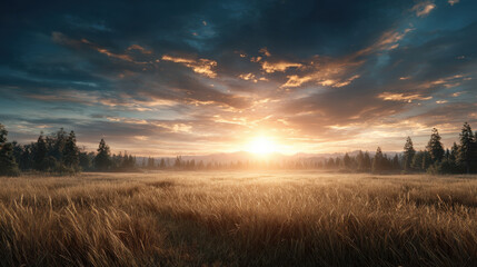 Golden sunrise over wide grass field with distant tree line and dramatic cloud sky evoking peaceful morning warmth