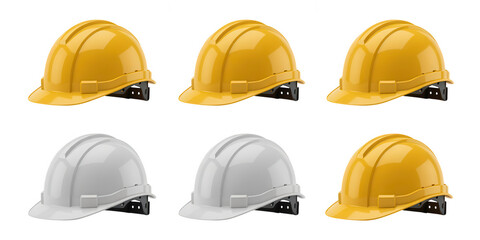 Six hard hats in a grid pattern three yellow and three white on a black background
