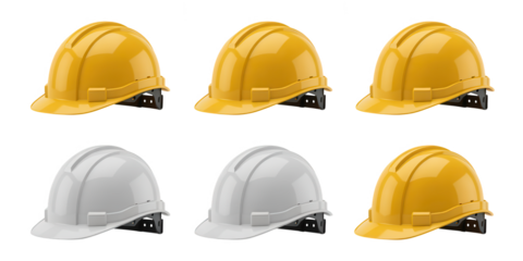 Six hard hats in a grid pattern three yellow and three white on a black background
