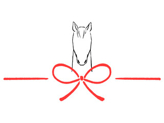 午年の年賀イラスト　赤い蝶結びとうま　シンプルでかわいい　線画　イラスト