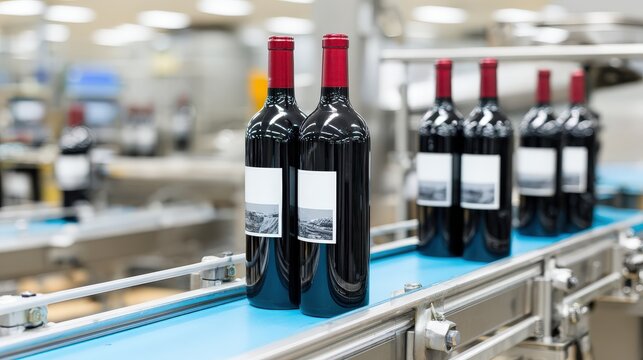 Full bottles of dark beverage move along an automated bottling production line