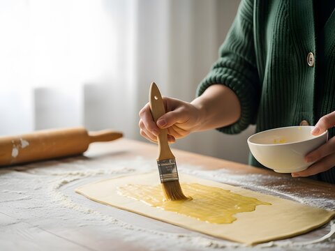 Close-up of woman hands brushing egg wash on raw puff pastry dough with wooden rolling pin on table.