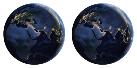 Two realistic 3d renderings of planet earth seen from space at night with city lights glowing brightly