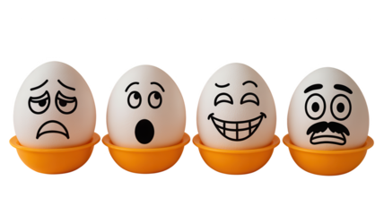 Four eggs with different facial expressions painted on them in a row against a black background
