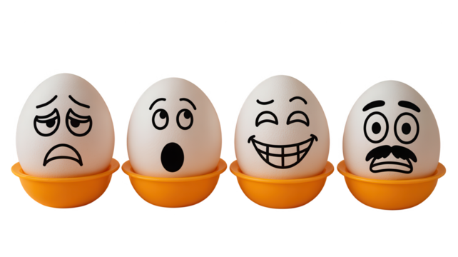 Four eggs with different facial expressions painted on them in a row against a black background - Powered by Adobe