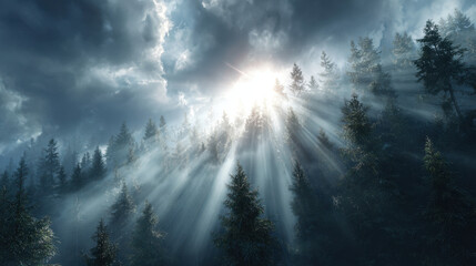 Obraz premium Sun rays piercing misty conifer forest with dramatic cloud sky and backlit trees creating serene atmospheric light