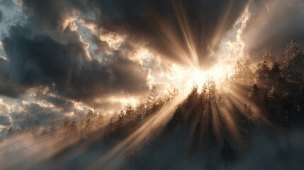 Obraz premium Sun rays piercing through morning clouds over forested hill, dramatic light scattering and misty atmosphere evoking awe and serenity