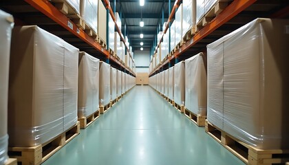 clean organized warehouse setting where an automated wrapping machine spins pallets, stretchwrap film stretched thin and tight, created with generative ai