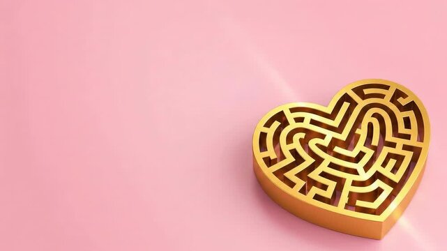 Golden heart shaped labyrinth on pink background. 3D rendered puzzle concept for Valentine's Day, love problems, psychology and finding the path to the heart. Isometric view.