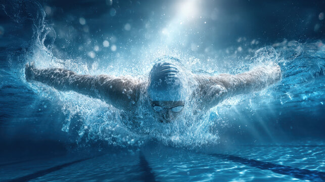 Swimmer butterfly stroke in bright blue pool with dynamic splashes and underwater light, focused athletic motion and intense determination captured mid stroke