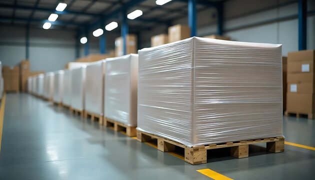 clean organized warehouse setting where an automated wrapping machine spins pallets, stretchwrap film stretched thin and tight, created with generative ai