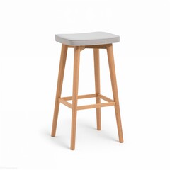 Simple wooden bar stool with a gray cushioned seat on white background