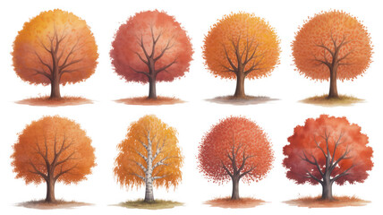 Collection of eight stylized autumn trees with vibrant orange and red foliage against a dark background