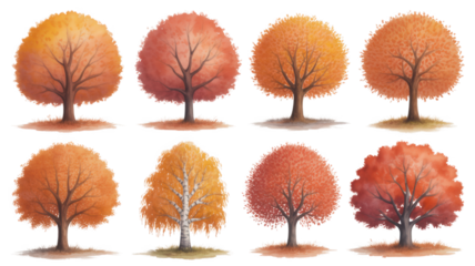 Collection of eight stylized autumn trees with vibrant orange and red foliage against a dark background