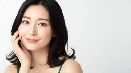 Young Asian woman with dark hair soft smile touching her cheek with her hand looking at the camera light grey background