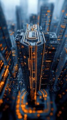 Aerial view of skyscrapers with illuminated lines at night, creating a futuristic cityscape. The buildings are modern and the lighting is vibrant.