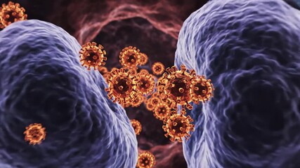 Microscopic View of Coronavirus Infection Detailed 3D Animation of Virus Cells Attacking and Spreading Emphasizing Viral Replication and Immune Response in a Medical Context. - Powered by Adobe