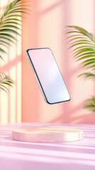 A smartphone hovers above a pink podium, surrounded by palm leaves and shadows, bathed in soft pink light.