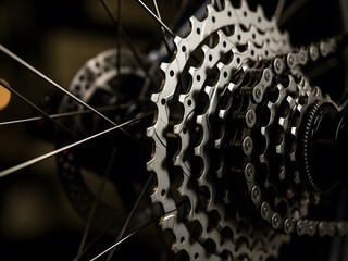 Macro close-up detail of bicycle rear cassette gears and silver chain with spokes on dark background.