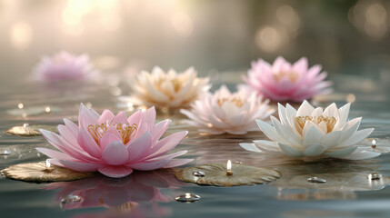 Soft pink lotus flower floating on water with candlelight reflection, serene waterlily arrangement, soft sunlight, peaceful meditation scene, floral altar ambiance