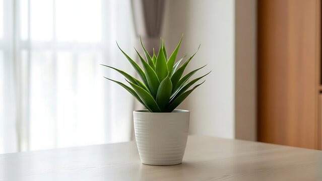 Succulent Plant in White Pot on Wooden Table potted plant green