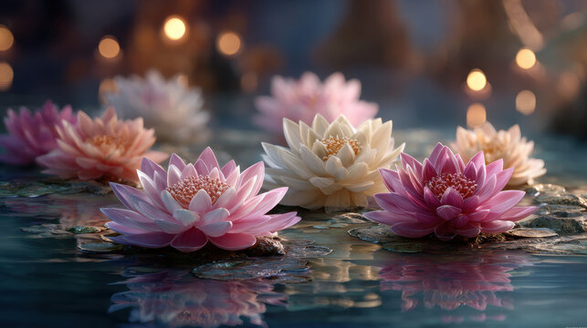 Pink and white lotus flower floating on water with candlelight reflection, serene altar arrangement for ritual or meditation, soft bokeh and calm mood