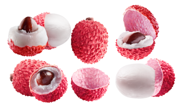 arrangement of fresh lychee fruit, whole and various peeled and cut sections, showcasing the white translucent pulp and large dark seed, isolated on a transparent background.