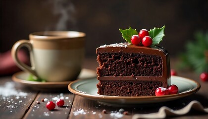 Festive Chocolate Cake Slice with Steaming Coffee and Holly, created with generative ai