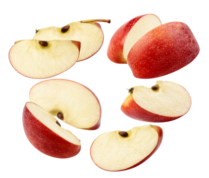 various fresh, crisp red apple slices and wedges isolated on a pure transparent background, showcasing the nutritious white flesh, red skin, and brown seeds for healthy concepts.