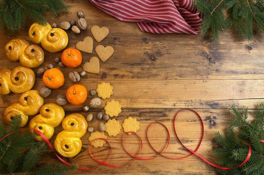 Swedish Lucia and Christmas card scene with saffron buns, gingerbread, clementines, nuts, rustic decor and pine branches