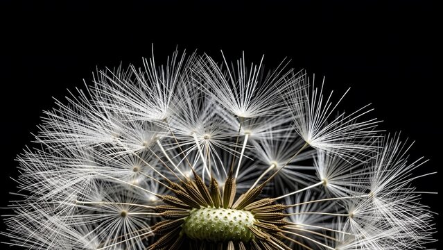 Macro close-up of white dandelion seed head with detailed texture on isolated black background.