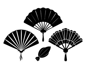 Handheld fan. Black silhouettes of chinese, japanese paper folding hand fans, traditional asian decoration and souvenir vector isolated set. Chinese fan black silhouette illustration, icon