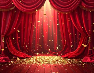Rich red stage curtains open, golden confetti falling on a wooden floor, lit by spotlights