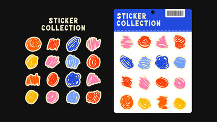 Printable doodle sticker pack with quirky scribbles, expressive emotions, kawaii eyes, playful mascot characters and geometric accents for fun decoration.