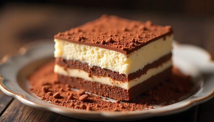 a chocolate tiramisu cake dessert, Tiramisu. Traditional italian dessert on white plate, created with generative ai