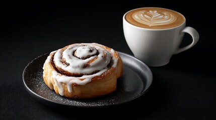 Cinnamon Roll and Latte on a Dark Background / ダークな背景のシナモンロールとラテ
