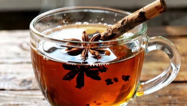 A close-up shot of a hot spiced tea with star anise and cinnamon stick, perfect for a cozy evening.