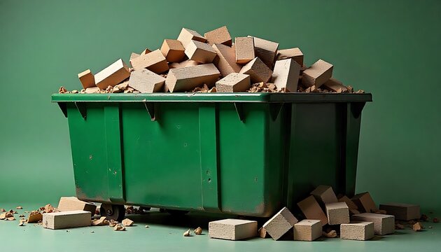 Green skip bin overflowing with construction debris. Old wooden planks concrete blocks and fabric waste fill the container. House renovation project in progress is happening,created with generative ai